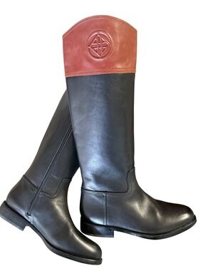 Antonio Melani BRAND NEW  Tall Black Leather Riding Boots with Brown Cuff